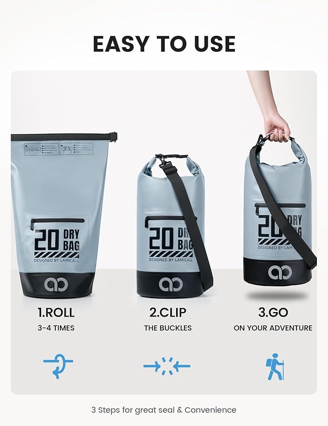 Lamicall Dry Bag Waterproof Backpack - [Zippered Pocket] 5L/10L/20L/30L/40L Roll Top Waterproof Bag with Water Proof Phone Pouch, Floatable Drybag for Swimming, Boating, Kayaking, Camping, Beach