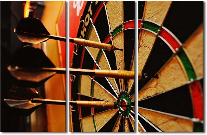 3 Piece Giclee Canvas Prints Wall Art Dart Hits the Bullseye Paintings Inspirational Wall Art for Living Room Sports Theme Home Decorations Stretched Framed Artwork Ready to Hang(28" Wx42 H)