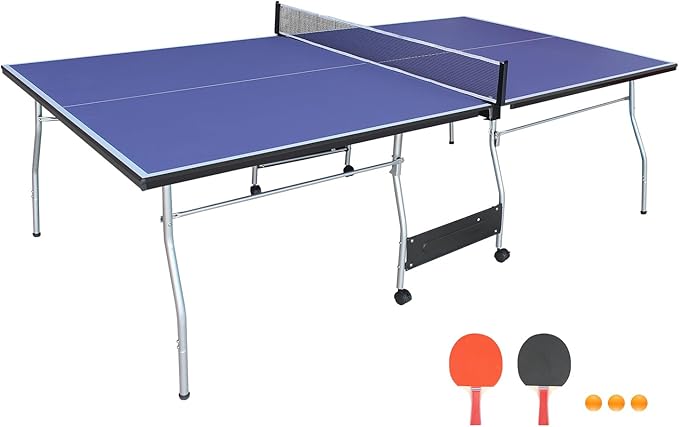 Table Tennis Table, Portable Ping Pong Table Game Set, 8ft Mid-Size Folding Indoor Outdoor Table Tennis Game Set with Net, 2 Table Tennis Paddles and 3 Balls for Adults/Teens