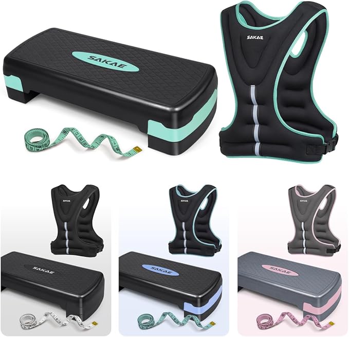 SAKAE Aerobics Step Platform Set with Weighted Vest & Measuring Tape, Adjustable Height 2 Level Risers Workout Step Trainer with Non-Slip Surface, Step Platform for Home Exercise, Multiple Colors