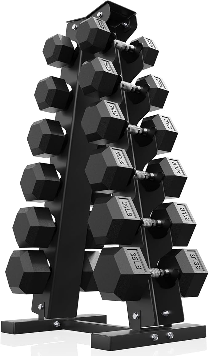 PAPABABE Hex Dumbbell Sets with Rack, 60-550lb Rubber Coated Dumbbell Weight Set and Storage Rack, Multiple Options Hand Weights for Strength Training