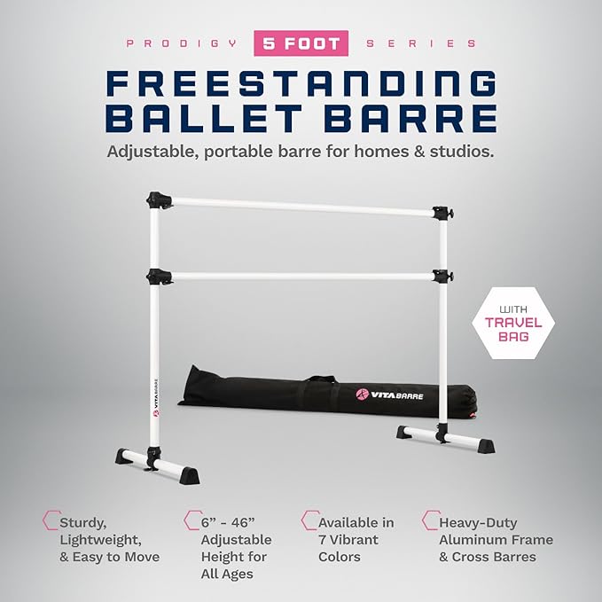 VITA Barre Portable Freestanding Double Ballet Barre, Prodigy, with Carry Bag | Adjustable Height, USA Made, Home or Gym Exercise Equipment for Kids & Adults | Dance, Fitness, Pilates