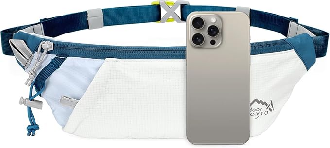 INOXTO Slim Running Belt Fanny Pack for Women and Men Sports Waist Bag Pack with 300ml Water Bottle for Running Walking Cycling Hiking Reflective Running Pouch Belt for All Phones (White Blue)