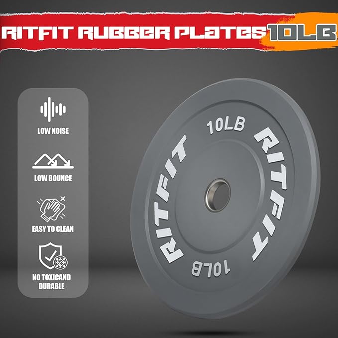 RitFit Color Coded Olympic Bumper Plate for Barbell - 2-Inch Weight Plates With Steel Insert, Rubber Weights for Strength Training in Home Gym