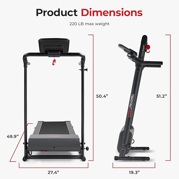 Sunny Health & Fitness Compact Foldable Treadmill - Easy Assembly, Quiet Operation, LCD Performance Monitor, Device Holder - Running & Walking Exercise, Optional Free SunnyFit App Bluetooth Connection