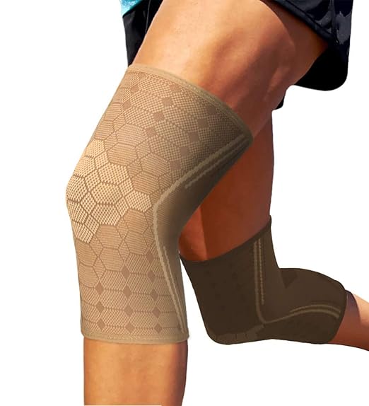 Sparthos Knee Compression Sleeves (Pair) – Joint Protection and Support for Sports, Running – Knee Brace for Men and Women – ACL Bursitis Meniscus Tear - Check Size Chart (Beige-L, 10-12″ Knee)