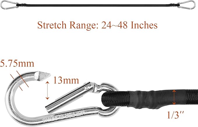 ZHOUBIN 24 Inch Black Bungee Cords with Carabiner Hooks, 2Pcs