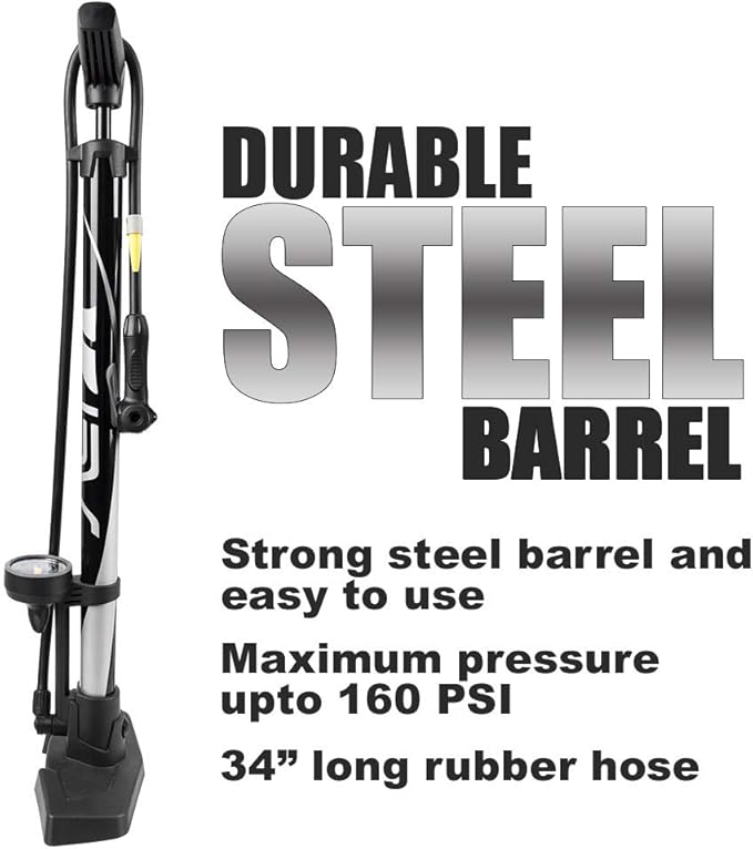 BV Bicycle Pump Durable Bike Floor Pump 17/24 inch Smart Valve Head, 160 psi, Automatically Reversible Presta and Schrader