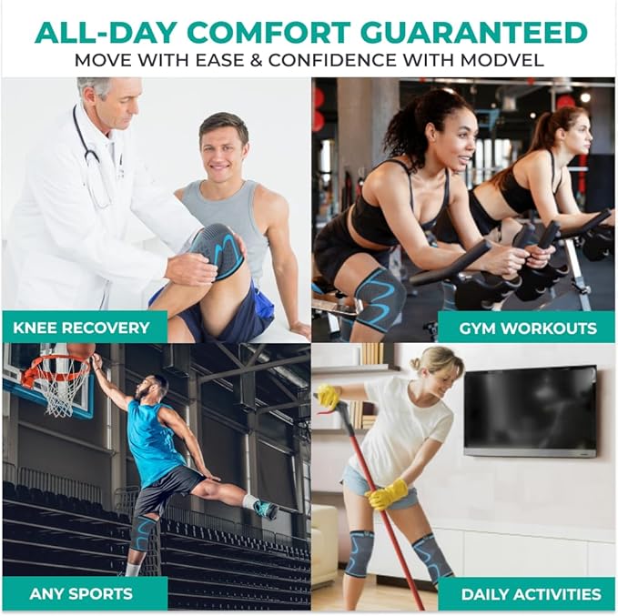 Modvel Compression Knee Brace for Women & Men, 2-Pack Knee Brace for Running Knee Pain, Knee Support Compression Sleeve, Workout Sports Knee Braces for Meniscus Tear, ACL & Arthritis Pain Relief