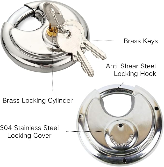70MM Discus Padlock with Same 3 Brass Keys,304 Stainless Steel Disc Lock with Brass Gallows to Prevent Rusting,Thick Sturdy Hook to Prevent Picking.1 Pack-XZJYYF