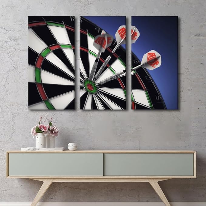 3 Pieces Modern Canvas Painting Wall Art Dart Hits the Bullseye Picture Sports Theme Paintings on Canvas Print Wall Art for Home Wall Decoration Framed Gallery Wrapped Ready to Hang(40" Wx60 H)
