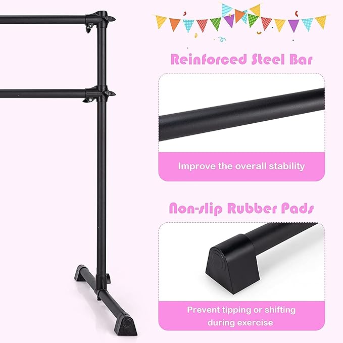 Costzon Portable Ballet Barre, 4FT Adjustable Double Freestanding Ballet Bar w/Anti-Skid Pad, Stable Base, Heavy-Duty Dancing Stretching Bar for Home, Fitness, Ballet