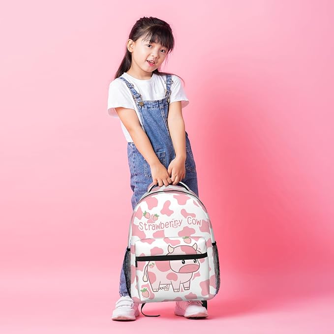 Cute Pink Strawberry Cow Print Backpack for Boys Girls Bookbags Lightweight Adjustable Elementary Middle High School Bags for Kids Children Teenagers Travel Daypack Laptop Hiking Backpacks