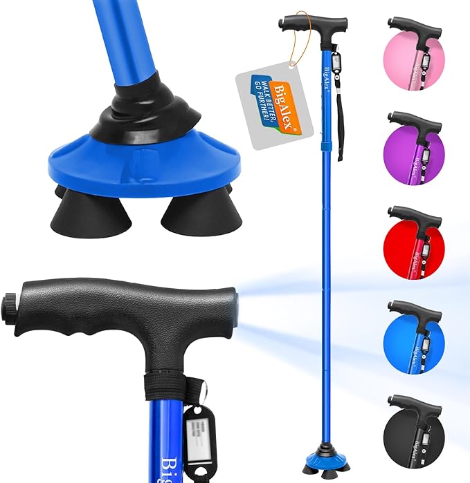 BigAlex Folding Walking Cane with LED Light,Pivoting Quad Base,Adjustable Walking Stick with Carrying Bag for Men/Women