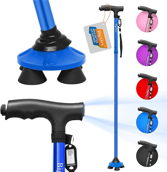 BigAlex Folding Walking Cane with LED Light,Pivoting Quad Base,Adjustable Walking Stick with Carrying Bag for Men/Women