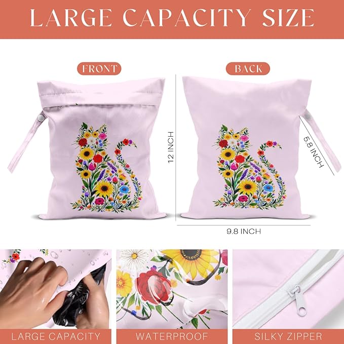 4 Pack Cute Wet Bag Waterproof Washable Reusable Wet Dry Bag for Swimsuit Clothes Cloth Diaper Travel Beach Pool Yoga Gym Party Camping Toiletries Travel Beach Essentials, Colorful Wildflowers