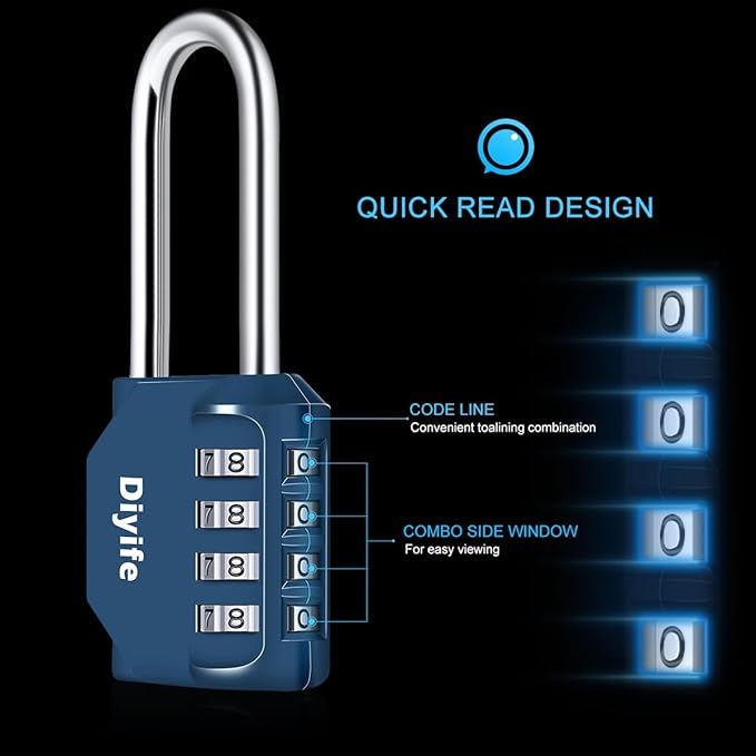 2.6in Long Combination Padlock, Waterproof 4 Digit Combination Lock, Weatherproof Metal & Galvanized Steel, Dark Blue