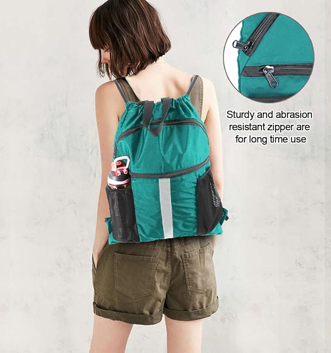 BeeGreen Drawstring Backpack Bag with Shoe Compartment, X-Large Black Gym Sports String Cinch Backpack