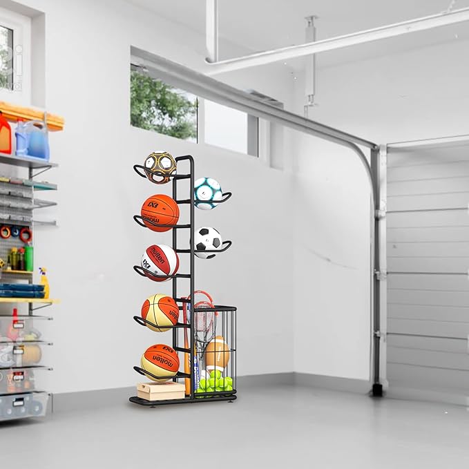 7-Ball Sports Equipment Storage Rack with Ball Holder and Basketball Rack, Athletic Gear Organizer ball Stand - Organize Toys, Sports Gear and More, 57.5" (Black)