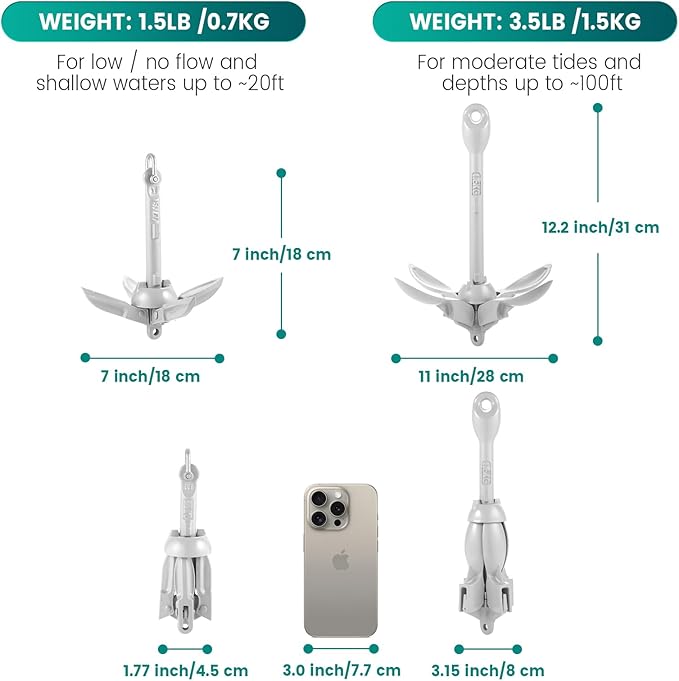 Kayak Anchor Kit, 1.5/3.5 lb Compact Folding Grapnel Anchor for Kayaks, Canoes, SUPs, Jet Skis, Small Boats - Lightweight Portable Marine Boat Anchor with Rust-Resistant Design