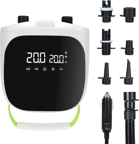 Electric Paddle Board Pump – 20PSI High-Pressure Electric SUP Pump Air Pump with Auto Shutoff, Dual-Stage Inflation for Paddle Boards, Kayaks, Tents, Boats & Inflatables White