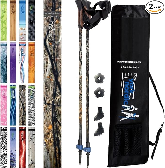 Official Nordic Walking Poles - True Classic Nordic Glove Grips, Lightweight, Adjustable, and Collapsible -2 Pieces w/flip Locks, Detachable Feet and Travel Bag by York Nordic - Heights 5'4"-6'2"