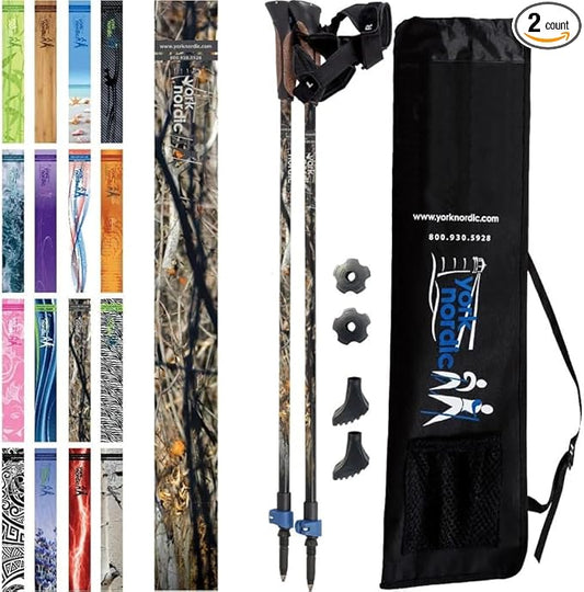 Official Nordic Walking Poles - True Classic Nordic Glove Grips, Lightweight, Adjustable, and Collapsible -2 Pieces w/flip Locks, Detachable Feet and Travel Bag by York Nordic - Heights 5'4"-6'2"