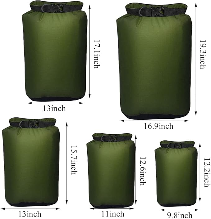 Pimoys 5 Pack Waterproof Dry Sacks, Lightweight Outdoor Dry Bags 20L /12L / 10L/ 6L/ 3.5L Ultimate Dry Bags for Kayaking Camping Rafting Boating (Army Green)