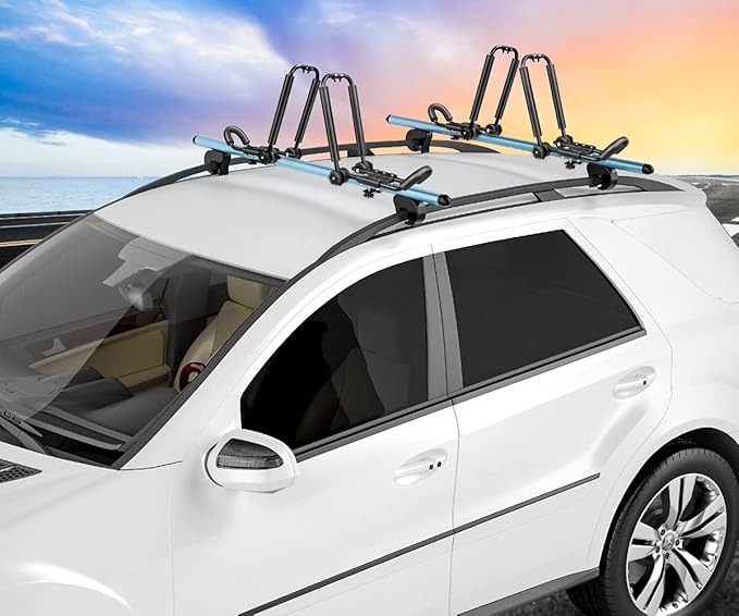 DRSPORTS Two Pairs Universal Foldable J-Bar Kayak Rack Folding Car Roof Top Carrier for Canoe, SUP, Kayaks, Surfboard and Ski Board Rooftop Mount on SUV, Car and Truck