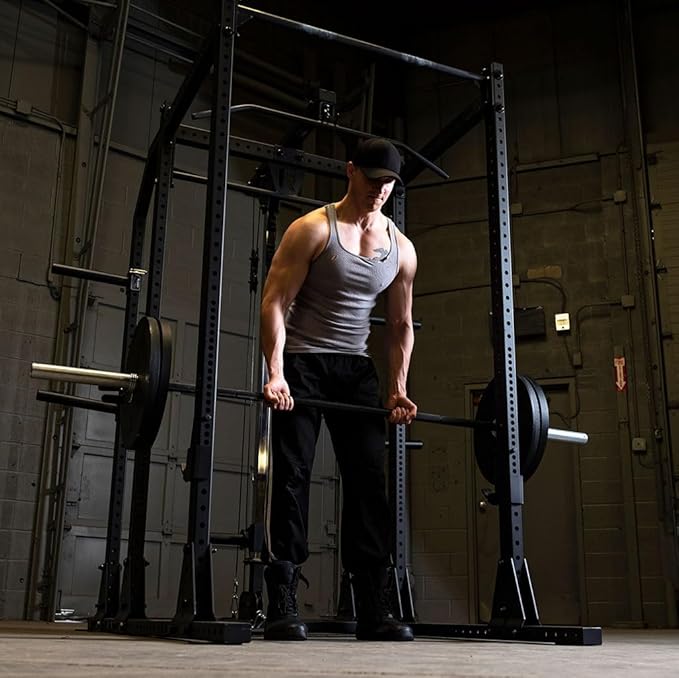 Rugged Strength & Fitness MAX Extended Power Rack Package with LAT, Bench, 500 lb. OLY Set, Floor Mats