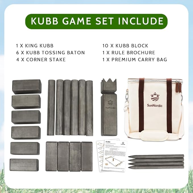 Kubb Yard Game Set, Garden Rubber Wood Outdoor Tossing Game with Canvas Carry Bag, Giant Viking Outdoor Chess Game for Kids, Adults & Backyard Lawn