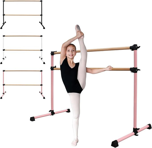 4FT/6FT Freestanding Ballet Barre Wood/Steel Height Adjustable from 7 to 46 inch Ballet Bar Portable Double Dance Bar for Home Workout and Stretch