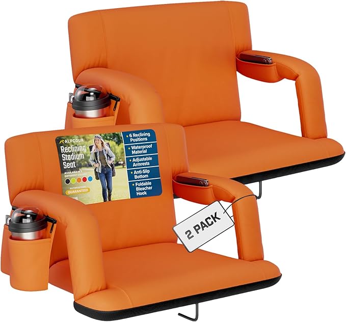 Alpcour Reclining Stadium Seat – Wide Bleacher Chair with Back Support and Cushion, Armrests, Side Pockets, and Bleachers Hook – Best Stadium Seats Chairs for Camping, Kayak, & Paddle Board Backs