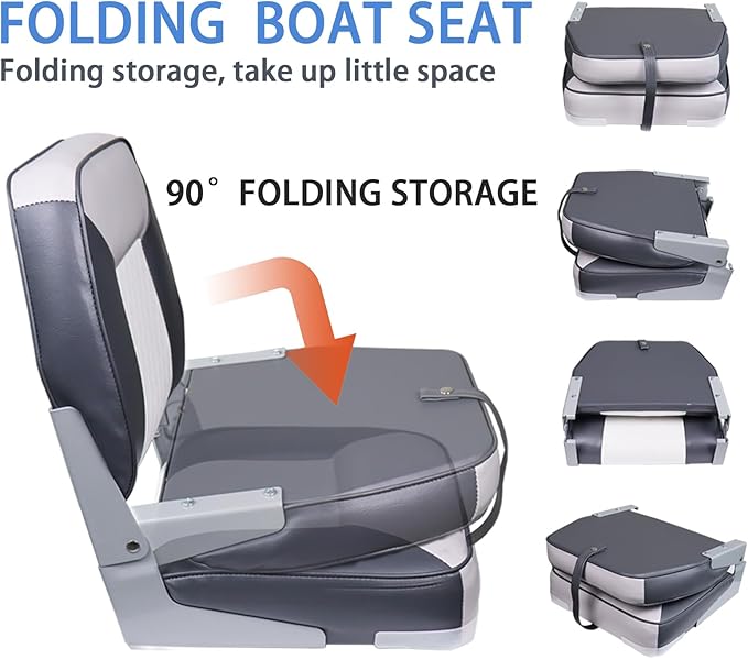 Folding Boat Seat Low Back Boat Chair Marine Bass Jon Fishing Boat Seats 2 Pack, White/Gray/Charcoal