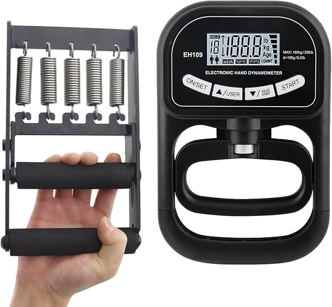 AHTAPFON-Grip Strength Tester Trainer Set-Electronic Hand Dynamometer of 396lbs ＆ Solid Metal Grip Strengthener -Adjustable Resistance of 165lbs-5×Heavy-Duty Springs,Fit Sport Home Gym Workouts