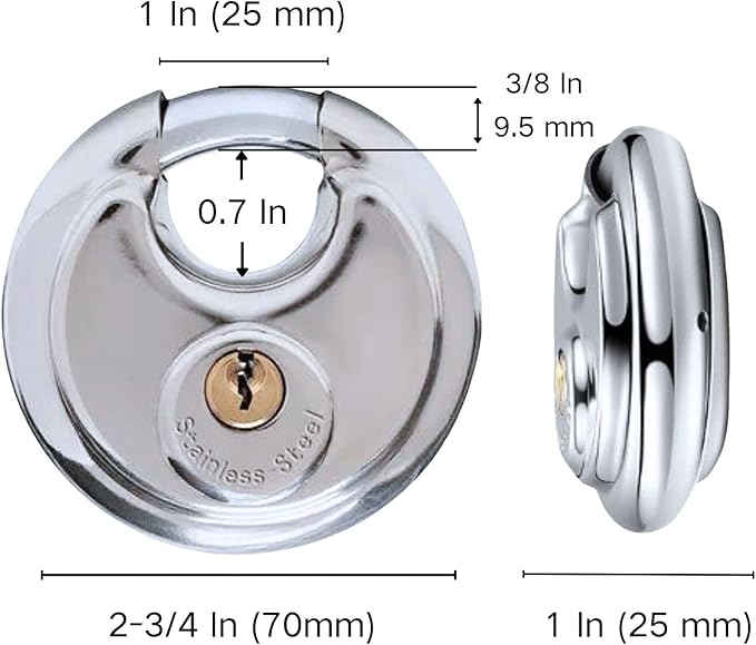 70MM Discus Padlock with Same 3 Brass Keys,304 Stainless Steel Disc Lock with Brass Gallows to Prevent Rusting,Thick Sturdy Hook to Prevent Picking.4 Pack-XZJYYF
