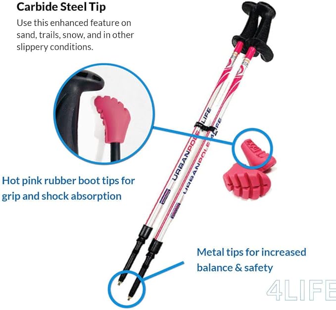 Urban Poling - Urban Poles 4Life - Lightweight, Aluminum Nordic Walking Sticks - Pink & Silver - 1 Pair – for Users 4'2"–6'2" - Collapsible & Adjustable Hiking Gear
