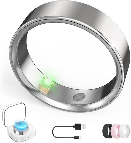 Smart Ring with Vibration Alerts, Health Tracker Ring with Body Temperature Monitor, Heart Rate, Sleep & Fitness Tracking, Waterproof Activity Ring for Men & Women, No App Fees(Silver, 13#)