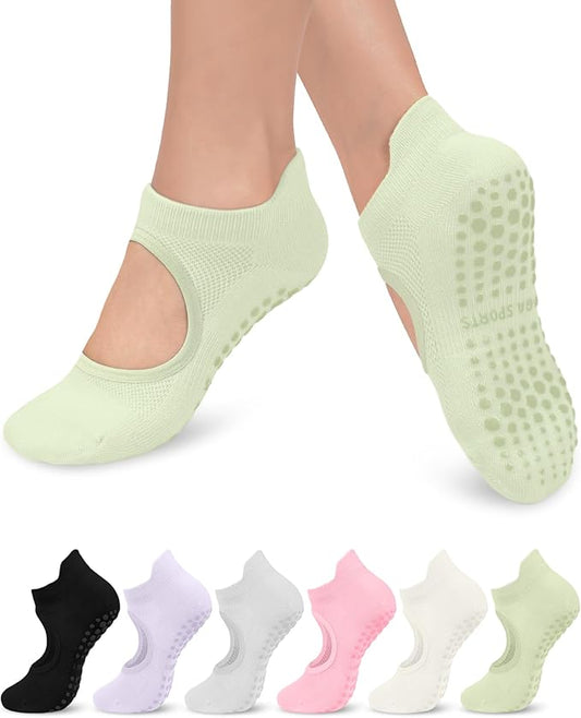 6 Pairs Grip Pilates Socks for Women, Non-slip Yoga Athletic Socks for Barre Ballet Barefoot Workout Hospital