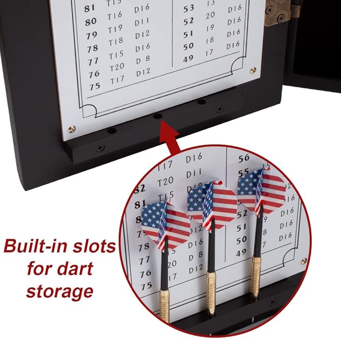 GSE Games & Sports Expert Professional Solid Wood Classic Dartboard Cabinet with Sisal/Bristle Dartboard, Scoreboard, and 6 Steel Tip Darts, Easy Assembly Complete with All Accessories (Black)