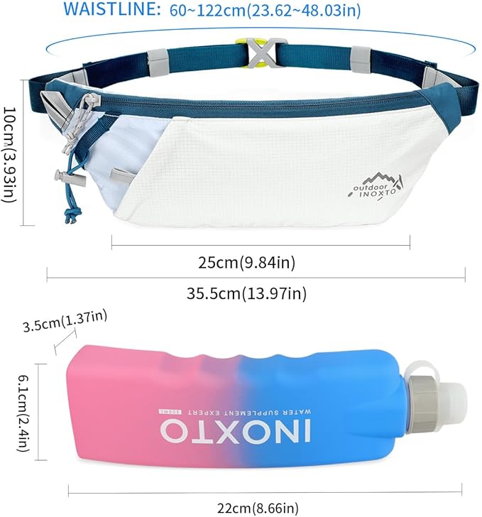 INOXTO Slim Running Belt Fanny Pack for Women and Men Sports Waist Bag Pack with 300ml Water Bottle for Running Walking Cycling Hiking Reflective Running Pouch Belt for All Phones (White Blue)