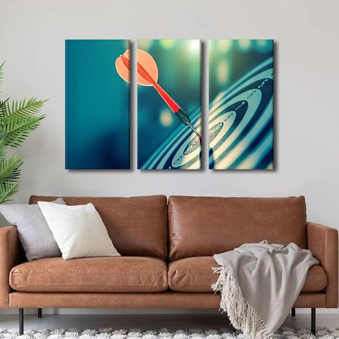 Canvas Art Dart Board Wall Art for Bedroom Successful Concept Canvas Painting Positive Wall Art for Living Room Vintage Contemporary Decor for Bar Club Coffee 3 Panels Framed Ready to Hang, 24"Wx36"H