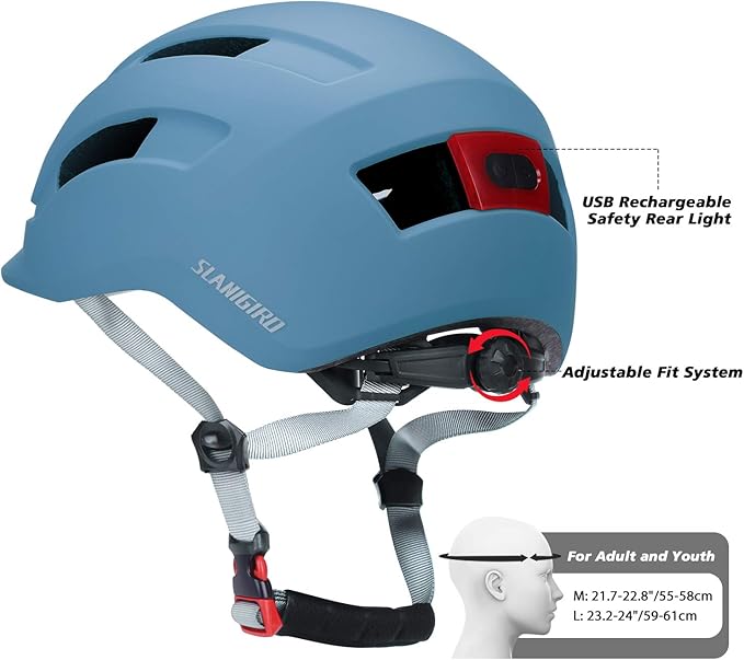 Adult Urban Bike Helmet - Adjustable Fit System & Integrated Taillight for Men Women