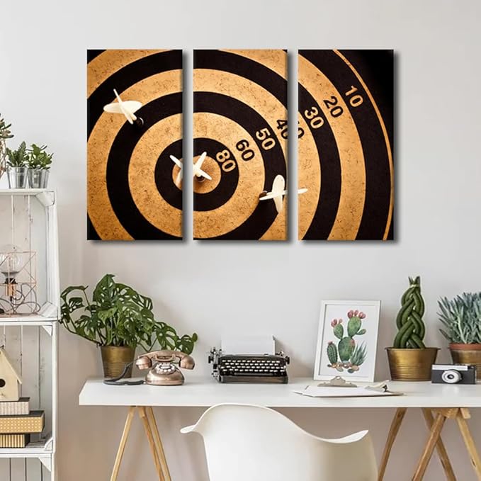 TUMOVO Dart Board Canvas Wall Art Sports Theme Paintings Black and White Wall Art 3 Panel Dart Hits the Bullseye Pictures Artwork for Home Club Walls Stretched and Framed Ready to Hang(24" Wx36 H)