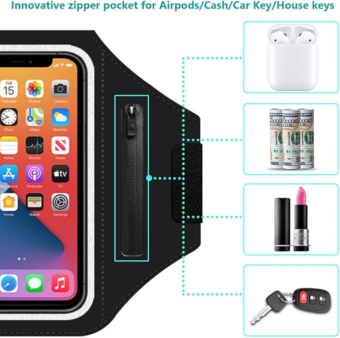 Phone Holder for Running, Karvense Phone Arm Bands for Running Exercise Workout Jogging, for iPhone SE/13 mini/12 mini/11 Pro/8/7/6s, Samsung Galaxy, up to 5.4'', Cell Phone Armband with Zipper Pocket