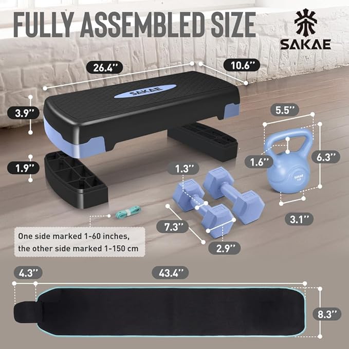 Adjustable Height Aerobic Stepper Set, Multiple Bundle Options with Dumbbells, Kettlebell, Waist Trimmer, Ankle Weights or Weighted Vest, Workout Exercise Step Platform w/Level Risers, 4 Colors