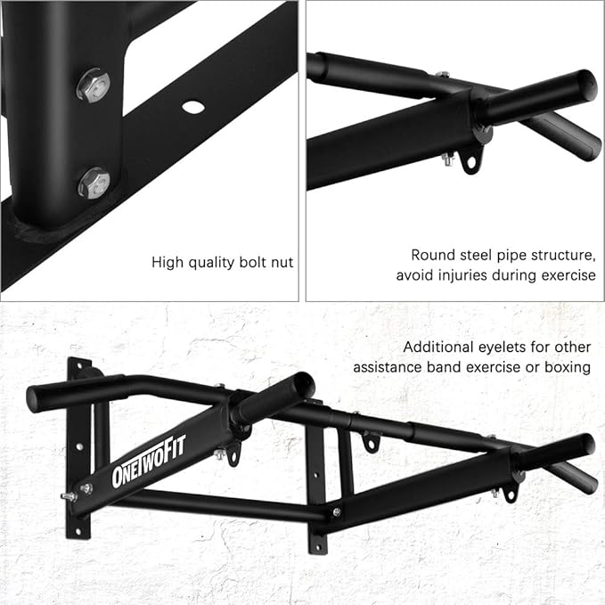 OneTwoFit Wall Mounted Pull Up Bar with More Stable 6-hole design for Indoor and Outdoor Use, Maximum weight 440 Lbs OT103