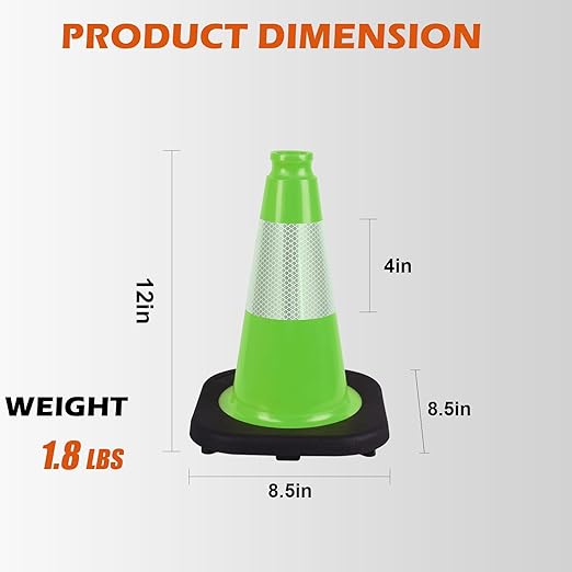 8 Pack 12” Green Traffic Safety Cones – Black Base Cones with 4” Reflective Collars – Stable PVC Road Cones for Parking, Construction, and Public Safety Use(12 inch-8Pack)