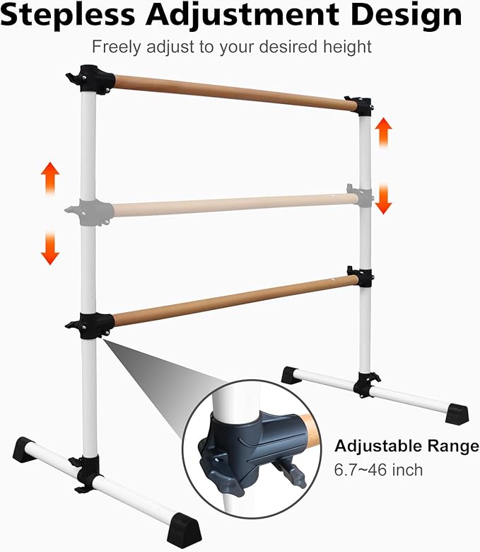 4FT/6FT Freestanding Ballet Barre Wood/Steel Height Adjustable from 7 to 46 inch Ballet Bar Portable Double Dance Bar for Home Workout and Stretch