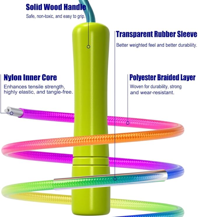 Rainbow Jump Rope for Kids - Wooden Handle - 8.5FT Adjustable Nylon Braided Fitness Skipping Rope for Girls or Boys Fitness Outdoor Exercise Physical Education